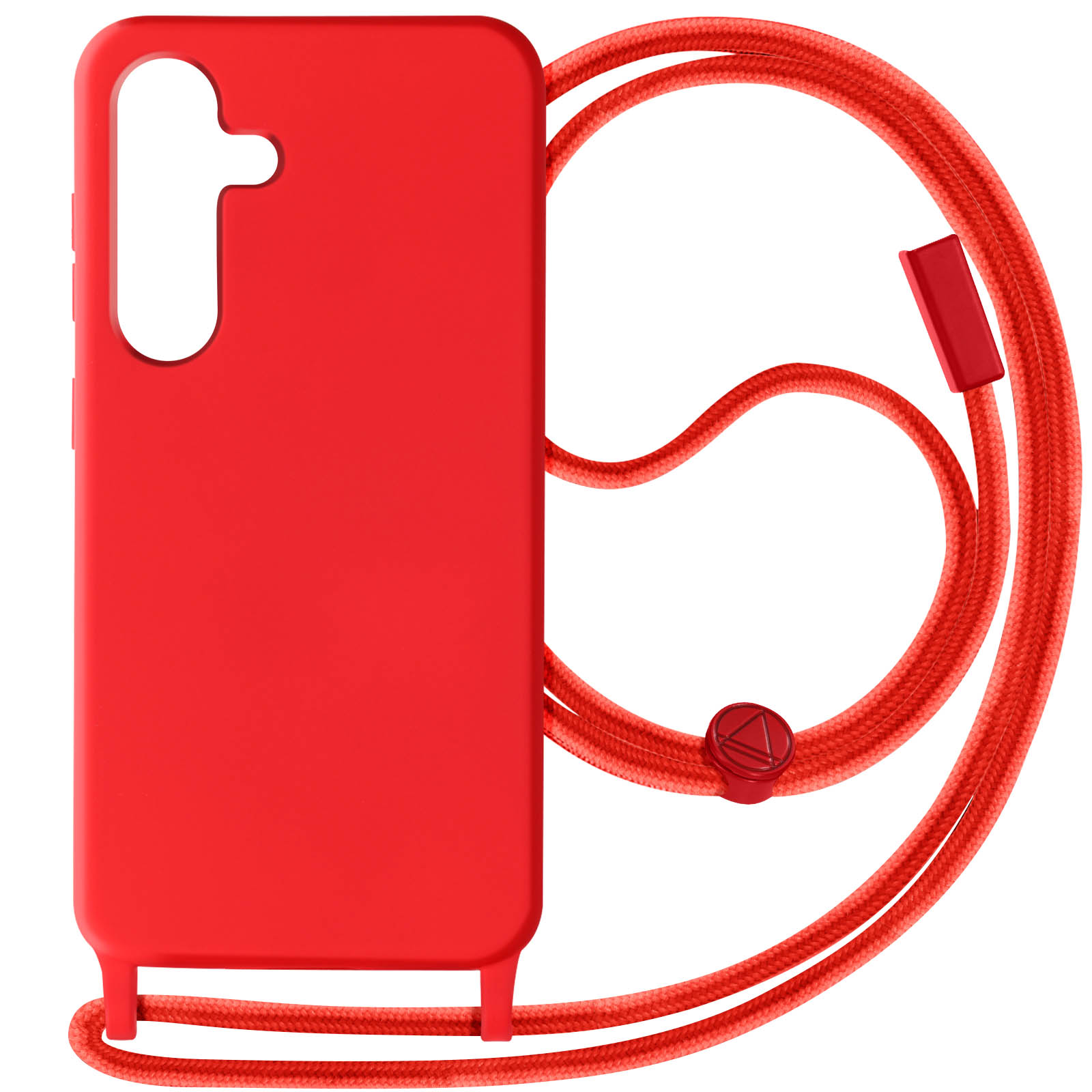 Rode telefoonhoes met bijpassend koord. Het koord heeft een lus en een rode connector.