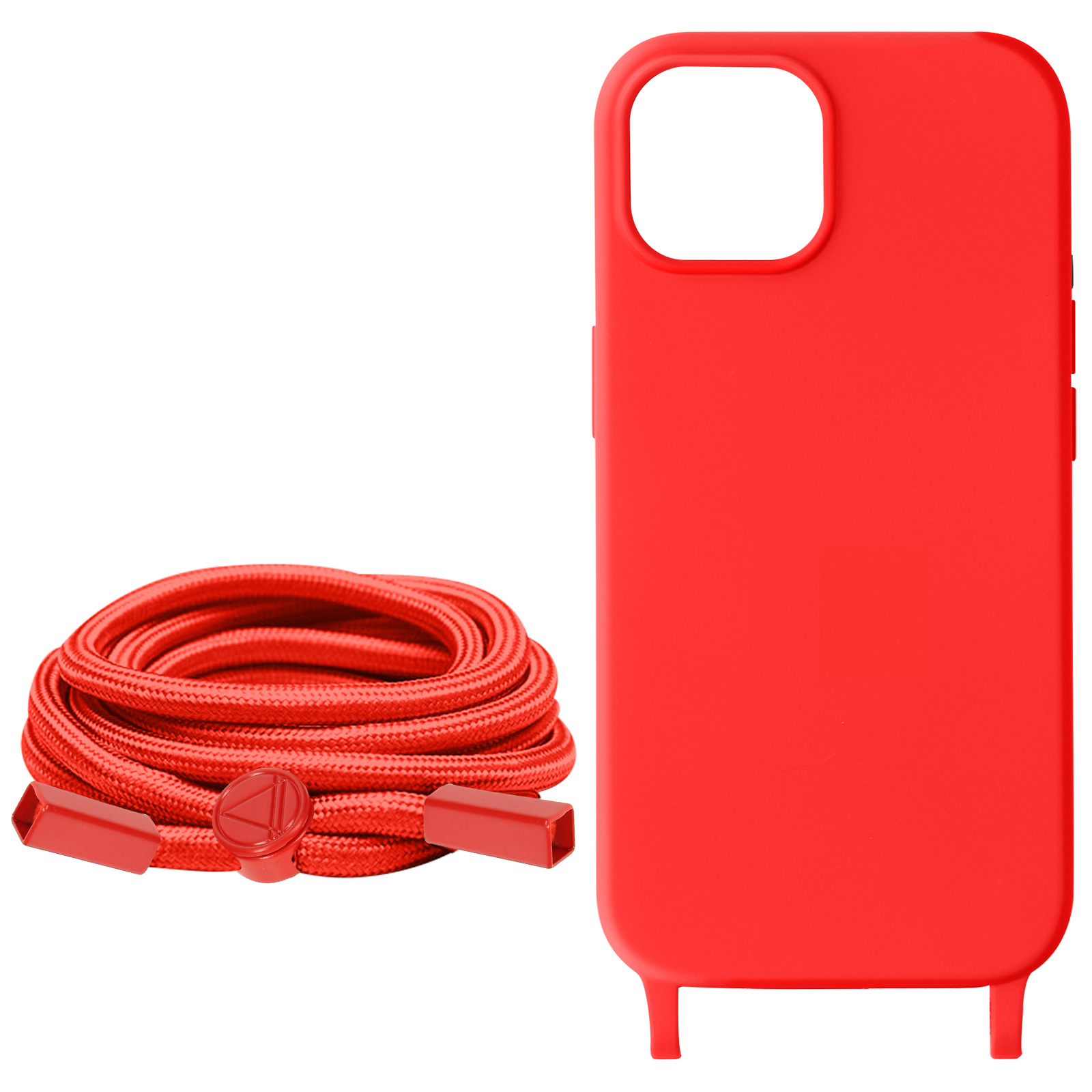 Custodia per telefono rossa e una corda rossa arrotolata. La custodia ha un ritaglio per la fotocamera. Sfondo bianco.