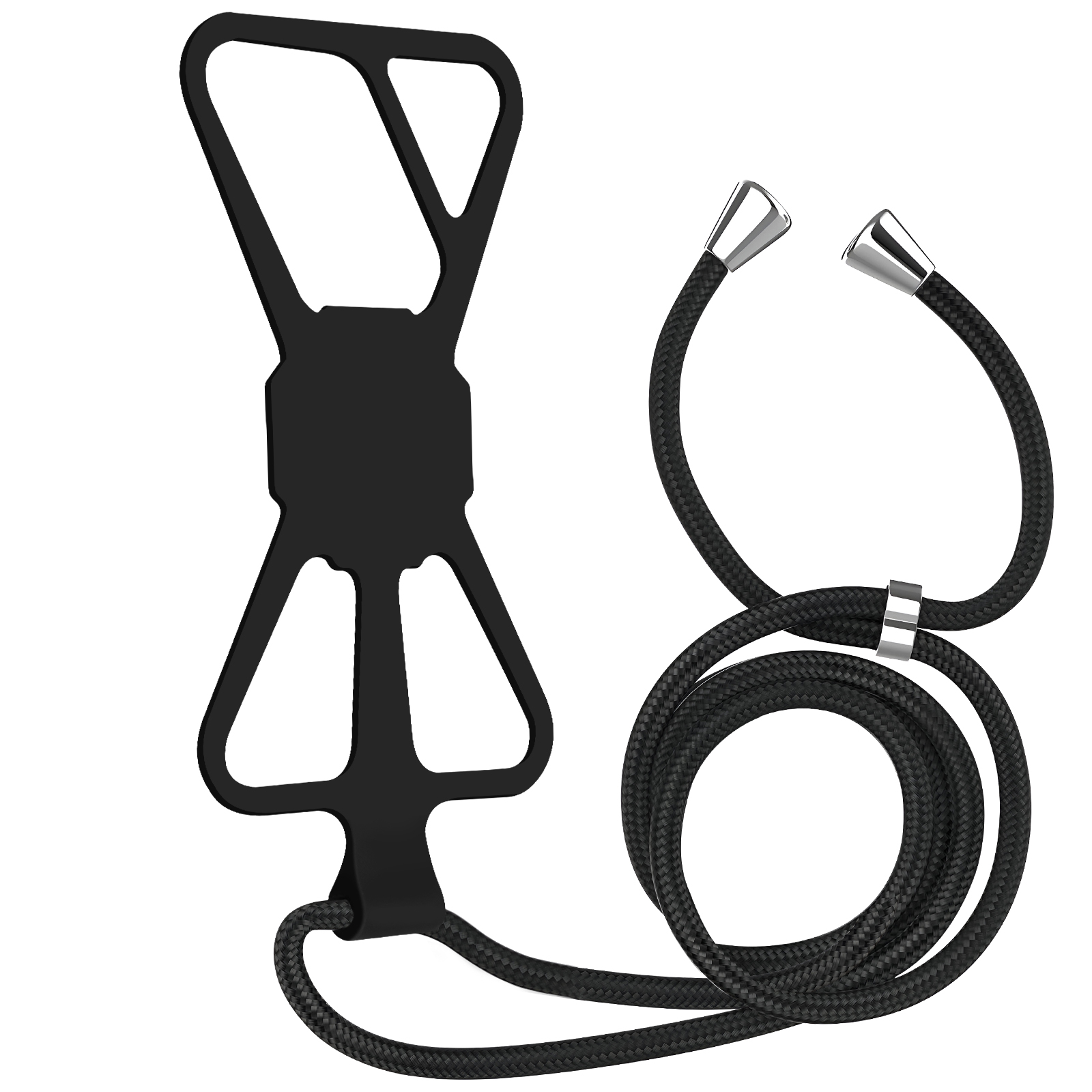 Supporto nero per telefono con cinturino, cinturino e supporto sono neri.