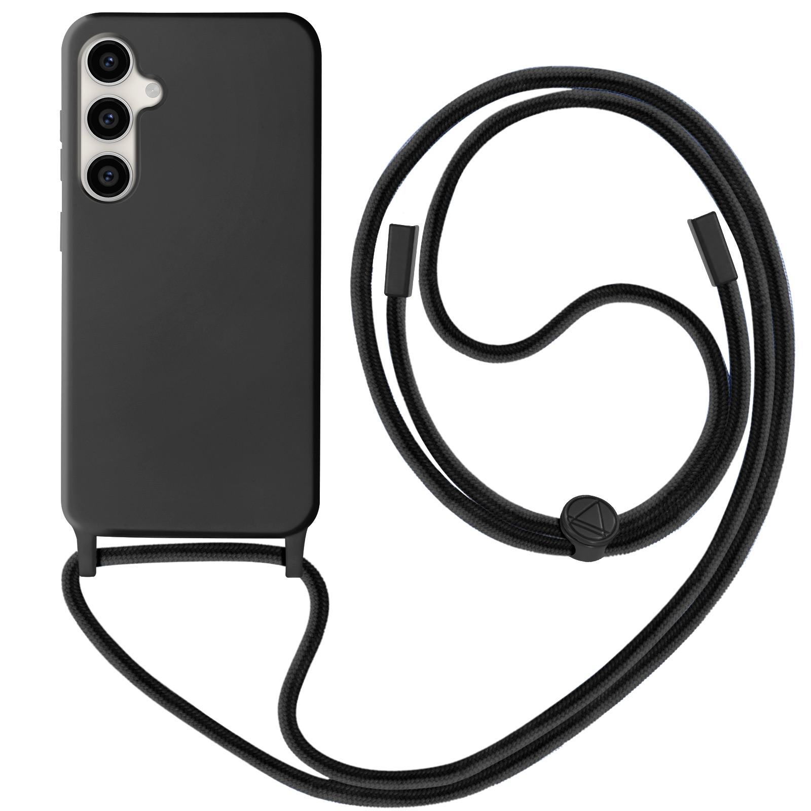 Coque de téléphone noire avec cordon noir. Le téléphone a trois caméras.