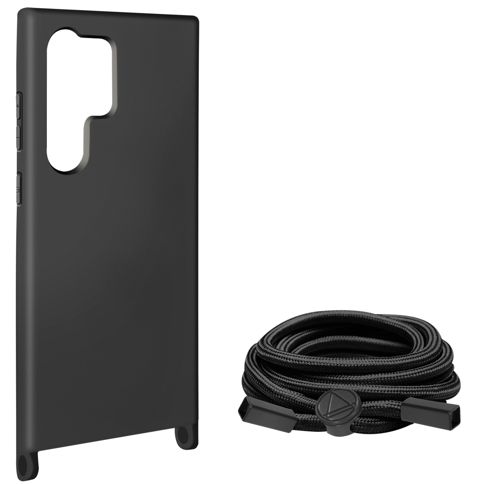 Custodia nera per telefono e cordino nero. La custodia ha fori per tasti e fotocamera.