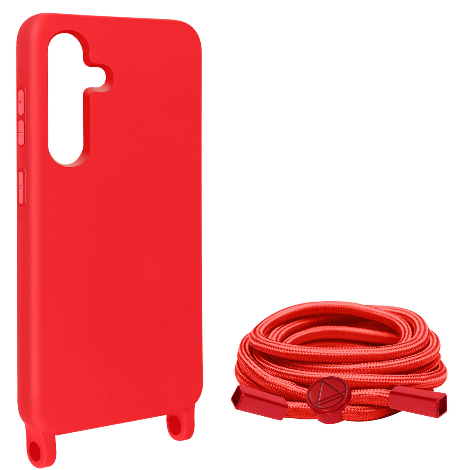 Rode telefoonhoes en rood opgerold touw. De hoes heeft een bevestiging voor een koord.