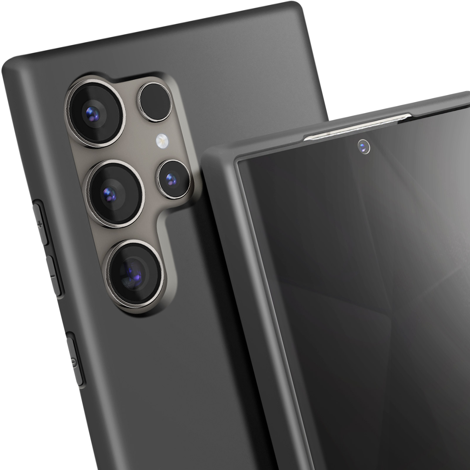 Primo piano di una custodia nera per telefono con fotocamere. Un'altra custodia è dietro.