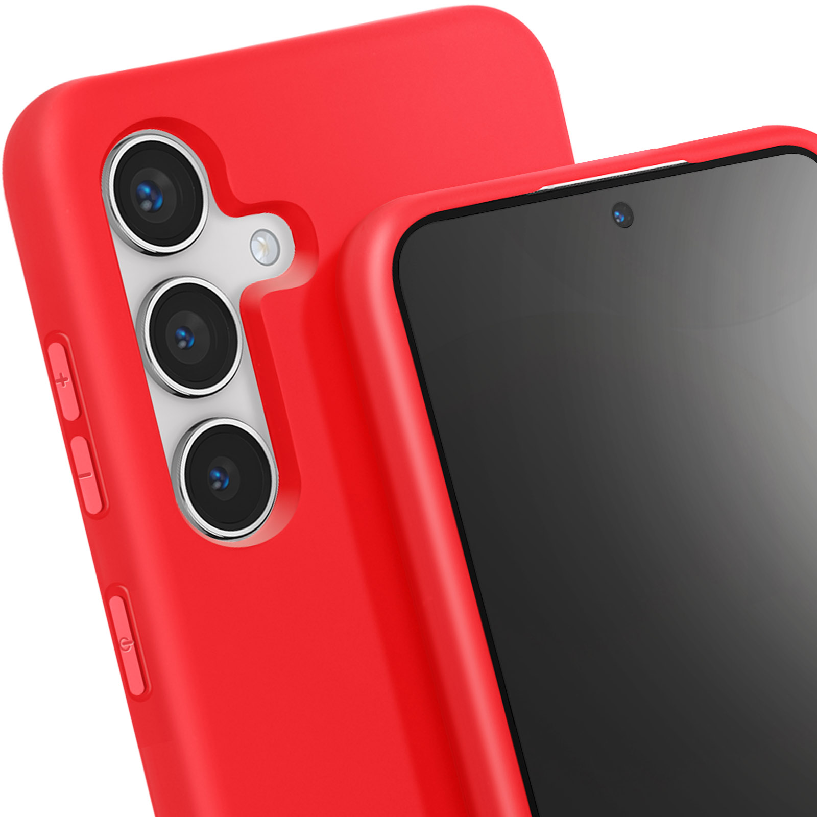 Twee rode telefoons op elkaar. Eén telefoon met camera's zichtbaar.