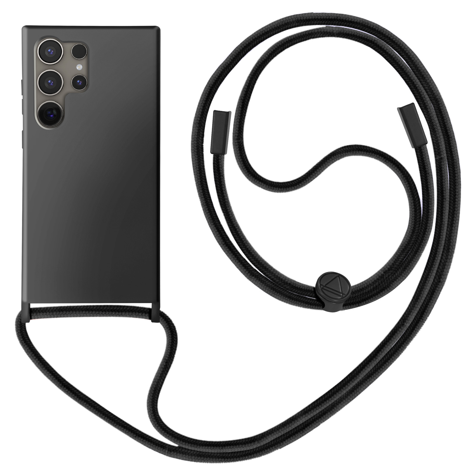 Telefono nero con lenti della fotocamera e cordino nero, su sfondo bianco.