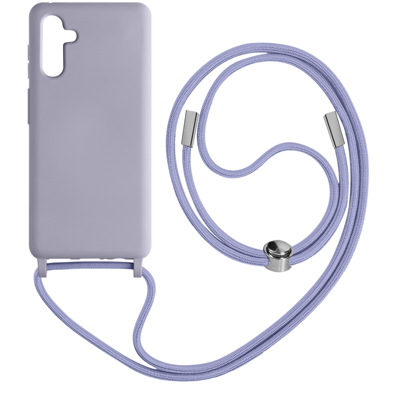 Custodia per telefono lilla con cordino abbinato. La custodia ha un ritaglio per la fotocamera e pulsanti laterali.