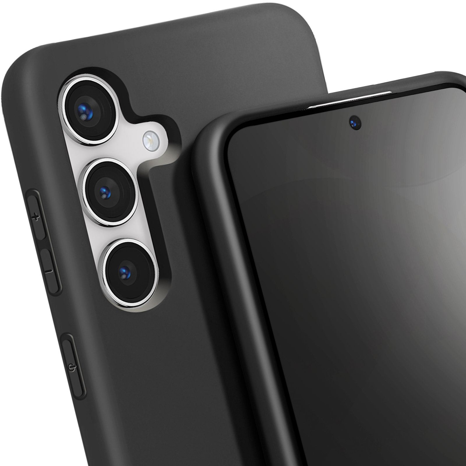 Due telefoni neri, uno mostra le lenti della fotocamera. Uno con schermo con display nero.