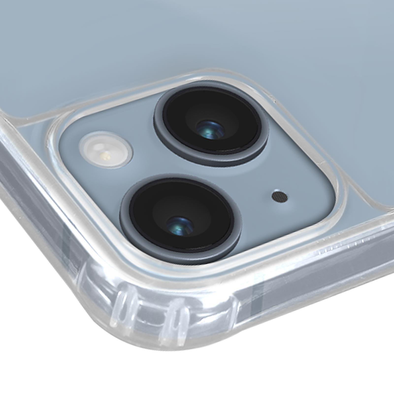 Primo piano di un telefono con due lenti della fotocamera, con una custodia trasparente. Lo sfondo è sfocato.
