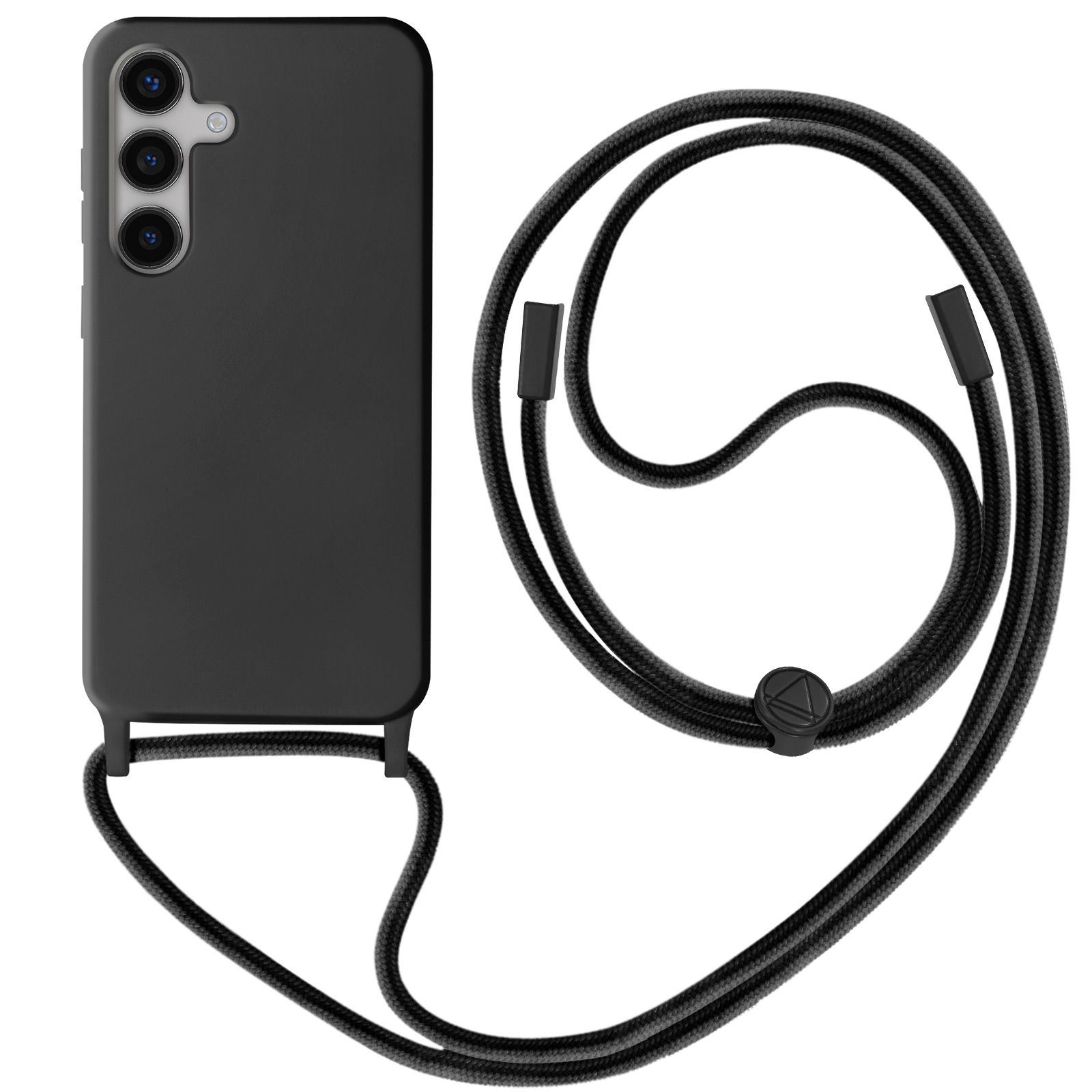 Custodia nera per telefono con cordino nero. Il cordino ha un cordoncino nero.