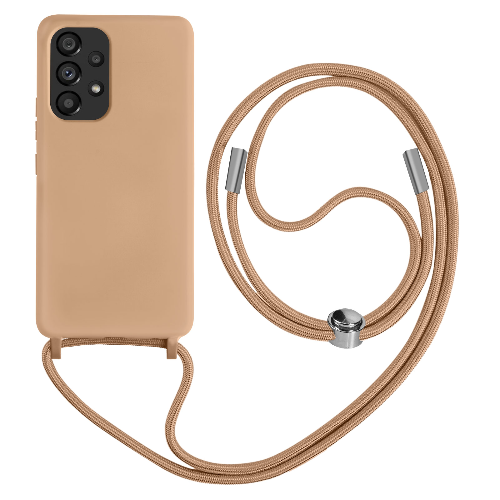 Coque de téléphone beige avec cordon beige. La coque a une bosse pour la caméra.
