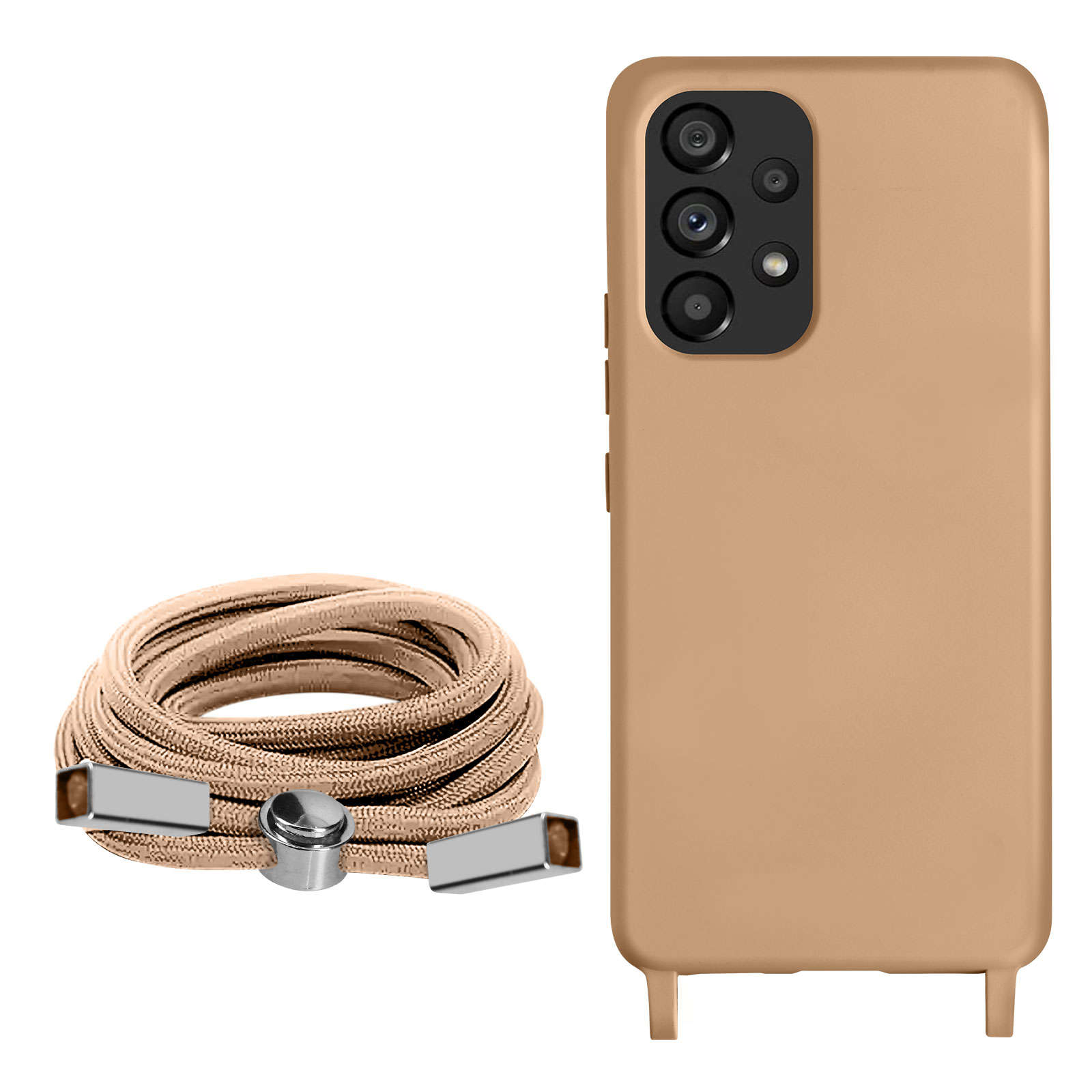 Coque de téléphone beige avec un cordon tressé beige et un connecteur.