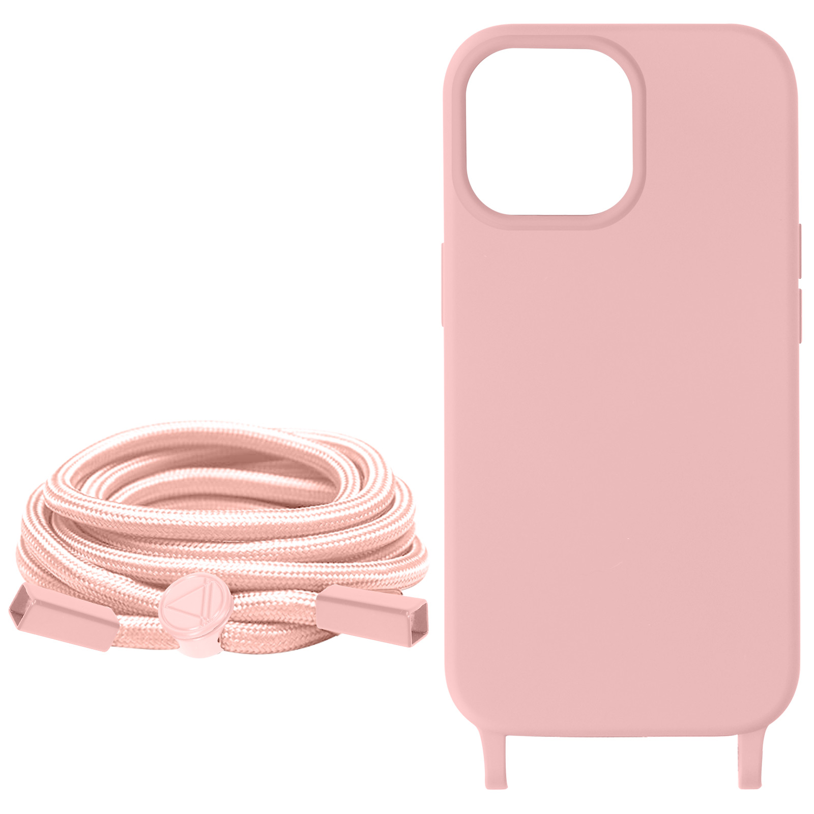 Custodia rosa con cordino e corda rosa, sfondo bianco.