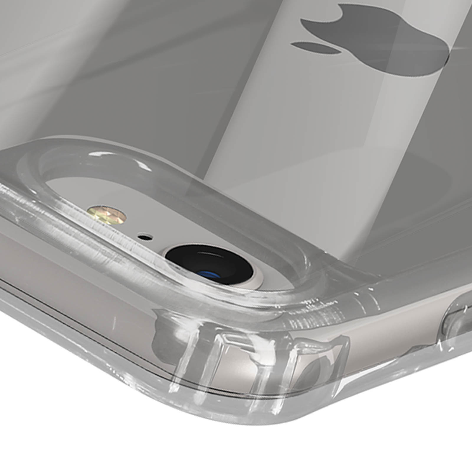 Primo piano di una custodia trasparente per iPhone, logo Apple visibile, obiettivo visibile.