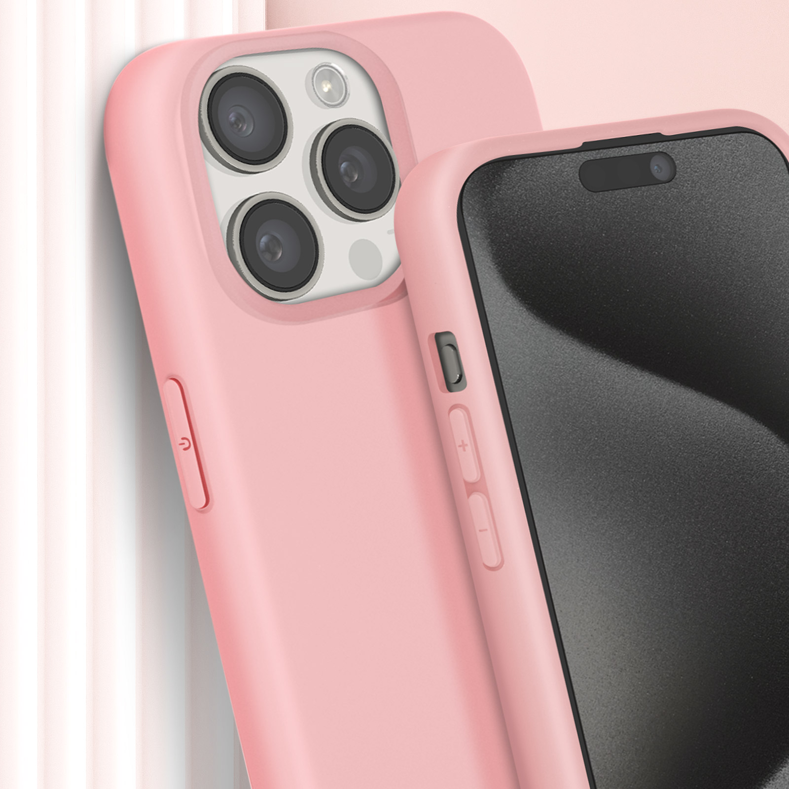 Custodia rosa e un telefono. La custodia copre il telefono. Lo sfondo è bianco.