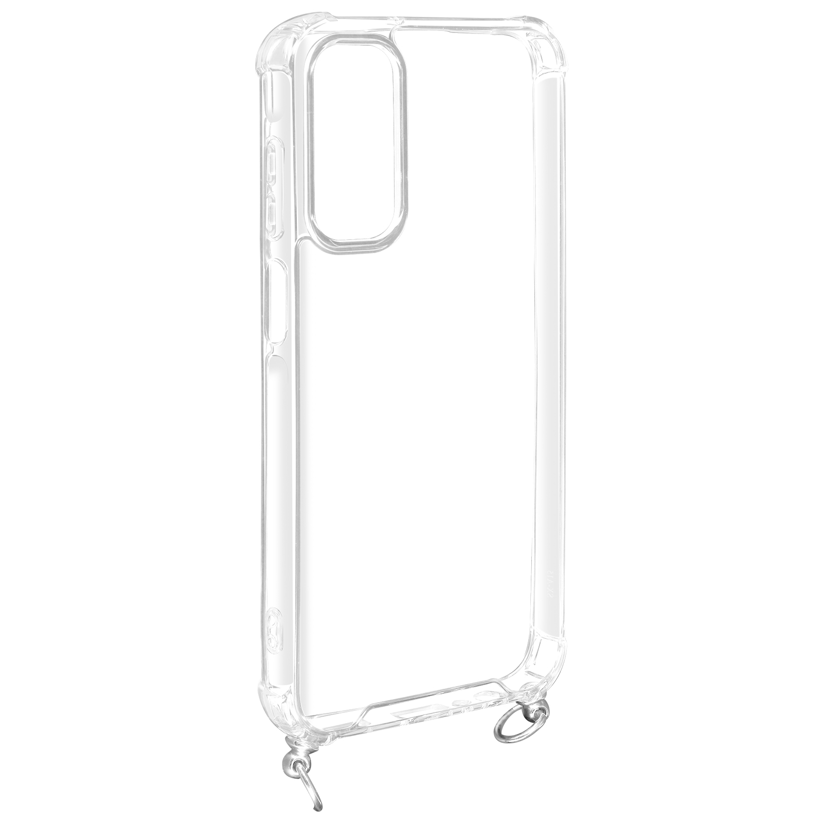 Una custodia trasparente per telefono con un anello per il cordino.