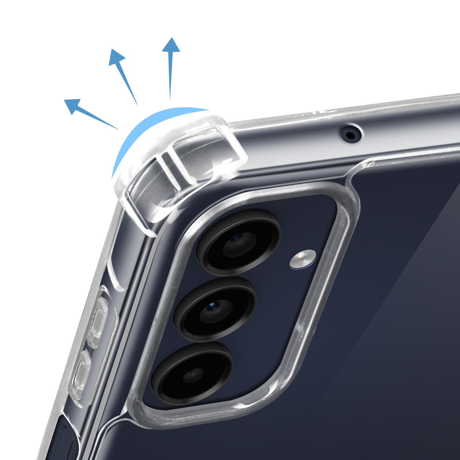 Telefono con custodia trasparente, dettaglio angolo con frecce, tre lenti della fotocamera.