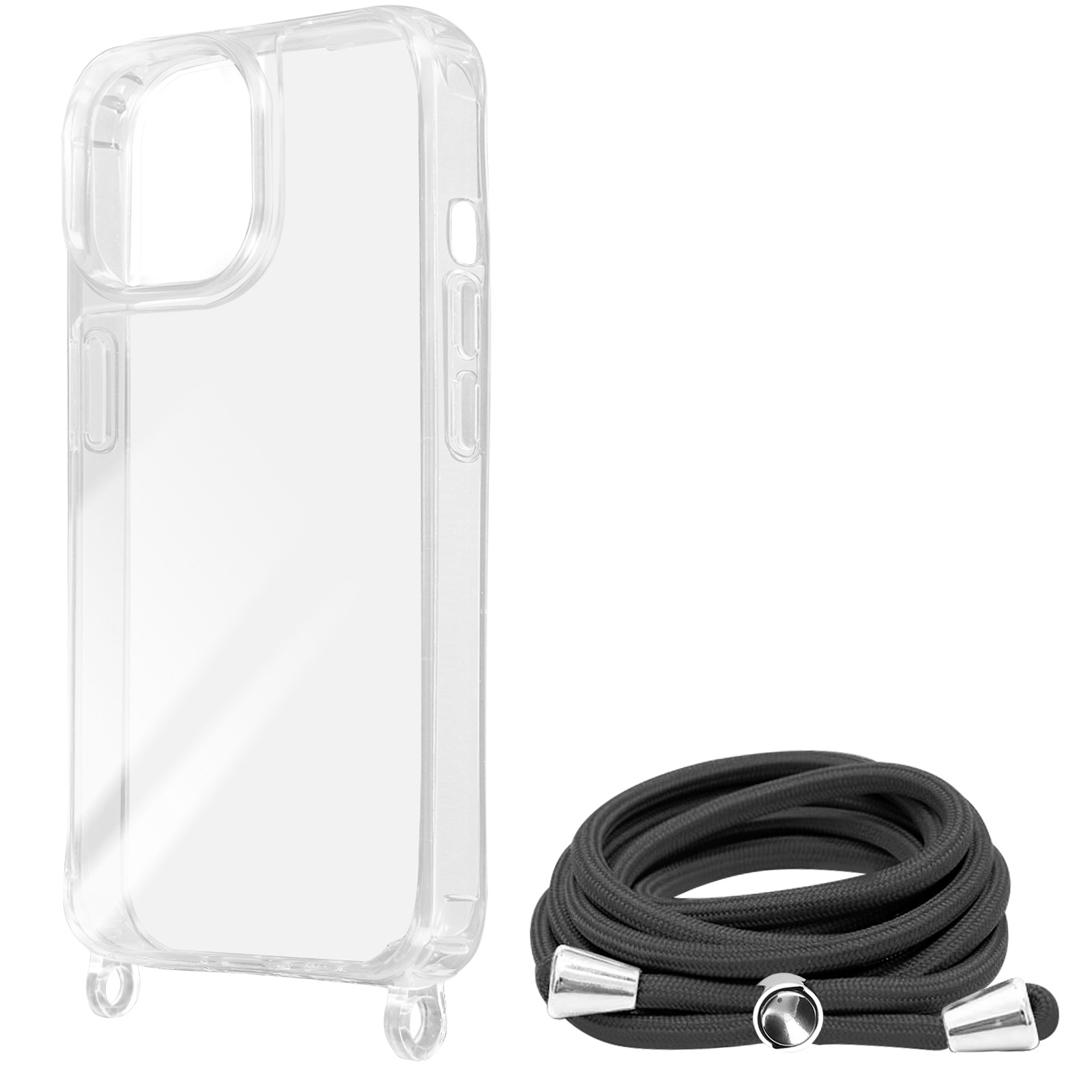 Coque de téléphone transparente et une lanière de téléphone noire. La coque est transparente.