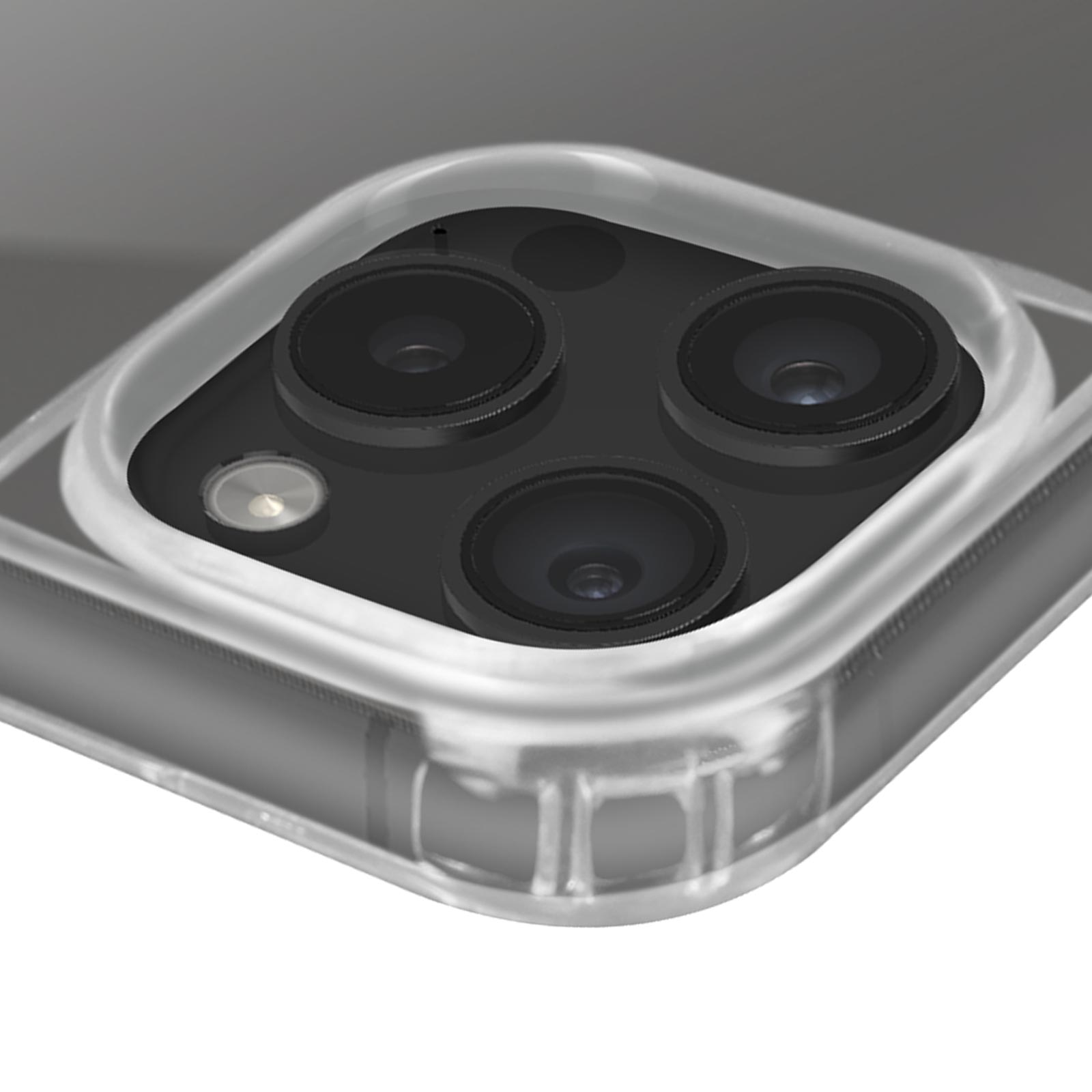 Gros plan d'une coque transparente avec trois lentilles de caméra noires et un flash.