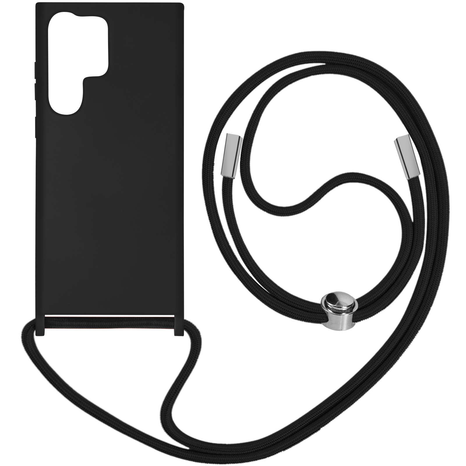Custodia nera per telefono con cinturino. La custodia è per un telefono. Il cinturino è nero e argento.