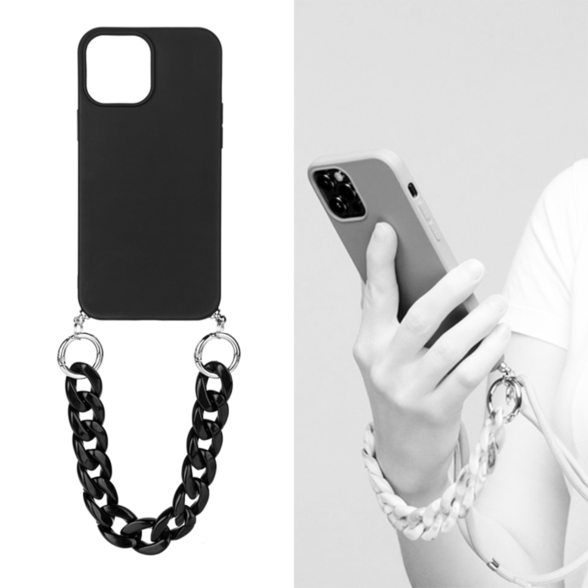 Una custodia per telefono nera con una catena. Il telefono è mostrato accanto alla catena. La catena è nera.