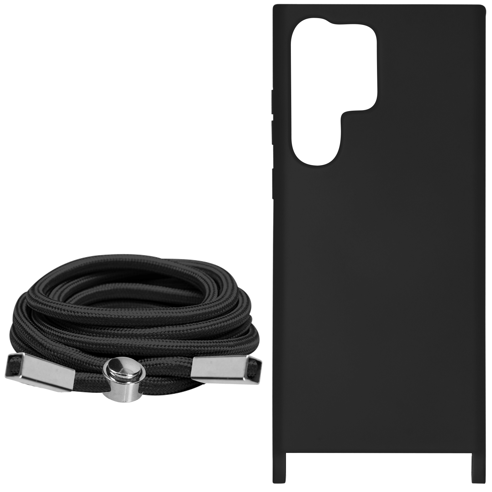 Custodia per telefono e cordino neri. Cordino arrotolato. Dettagli in metallo argento. Sfondo bianco.