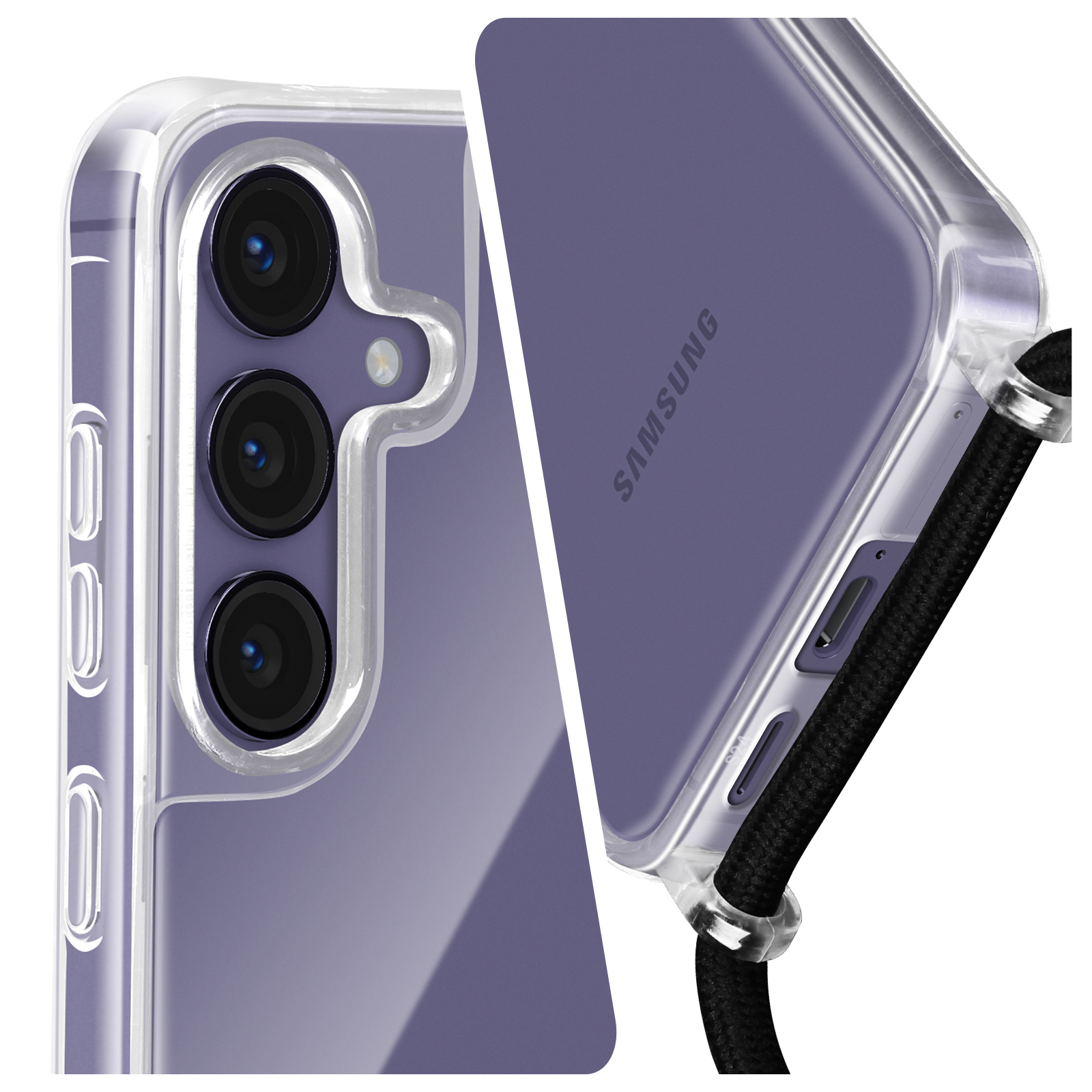 Primo piano di una custodia per telefono con tre fotocamere. La custodia è trasparente, il telefono è viola.