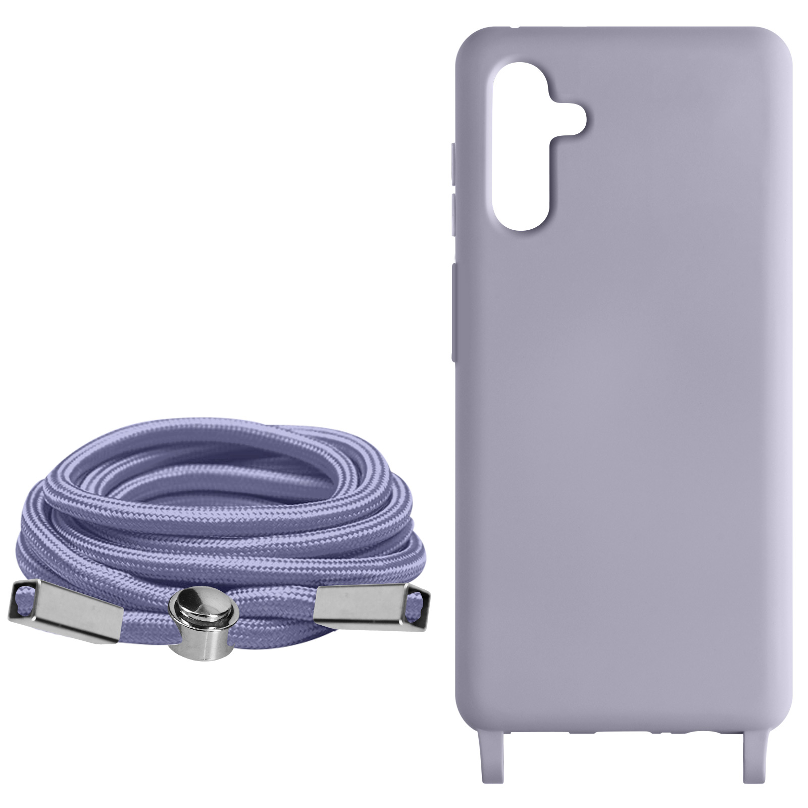 Custodia per telefono color lavanda, cordino abbinato e connettore in metallo argentato, isolati su bianco.