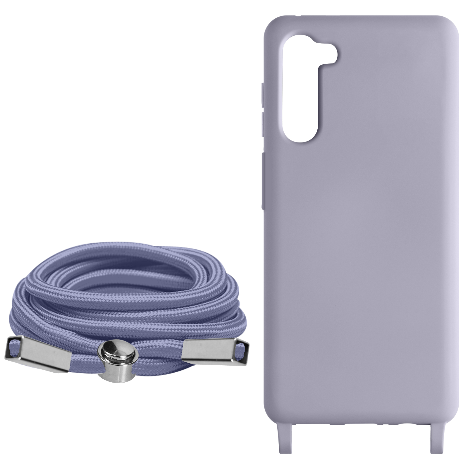 Custodia viola per telefono con cordino abbinato. Ha ritaglio fotocamera e attacco per cordino.