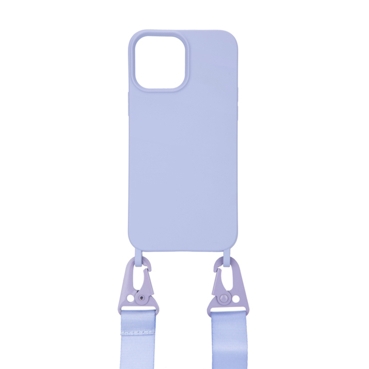 Custodia per telefono lavanda con clip per cinturino attaccate. Sfondo bianco.