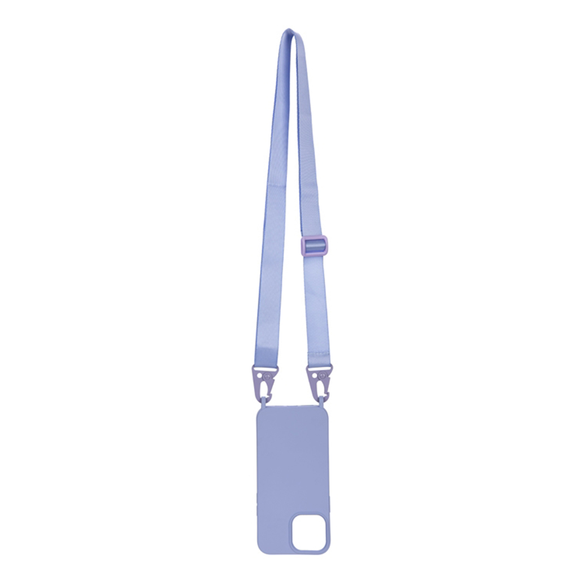 Una custodia per telefono viola chiaro con un cinturino su sfondo bianco. Il cinturino è viola chiaro.