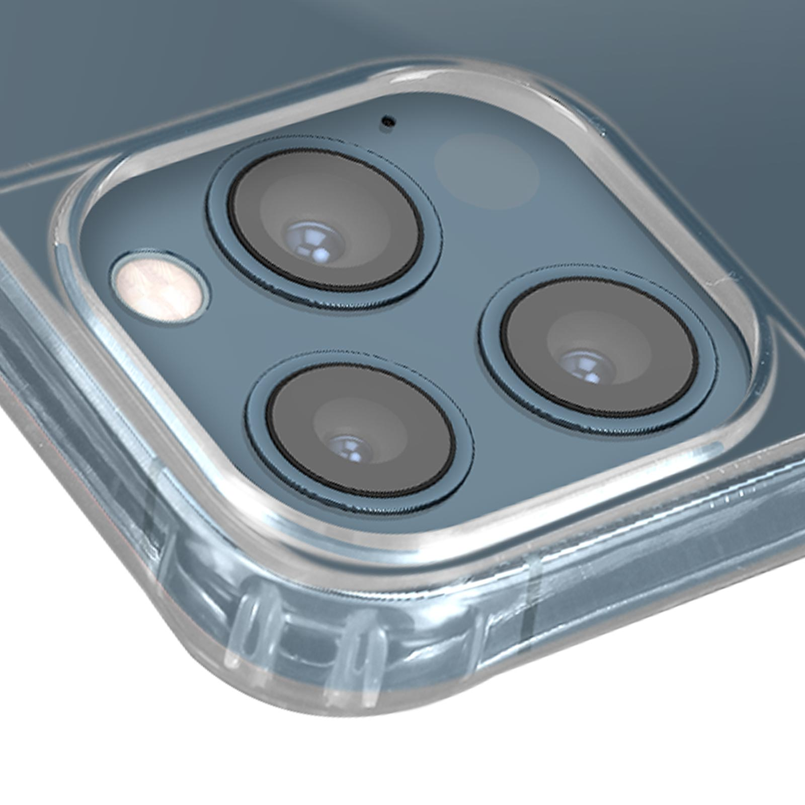Un primo piano dell'obiettivo della fotocamera del telefono. L'obiettivo è circondato da una custodia trasparente. Le lenti sono blu.