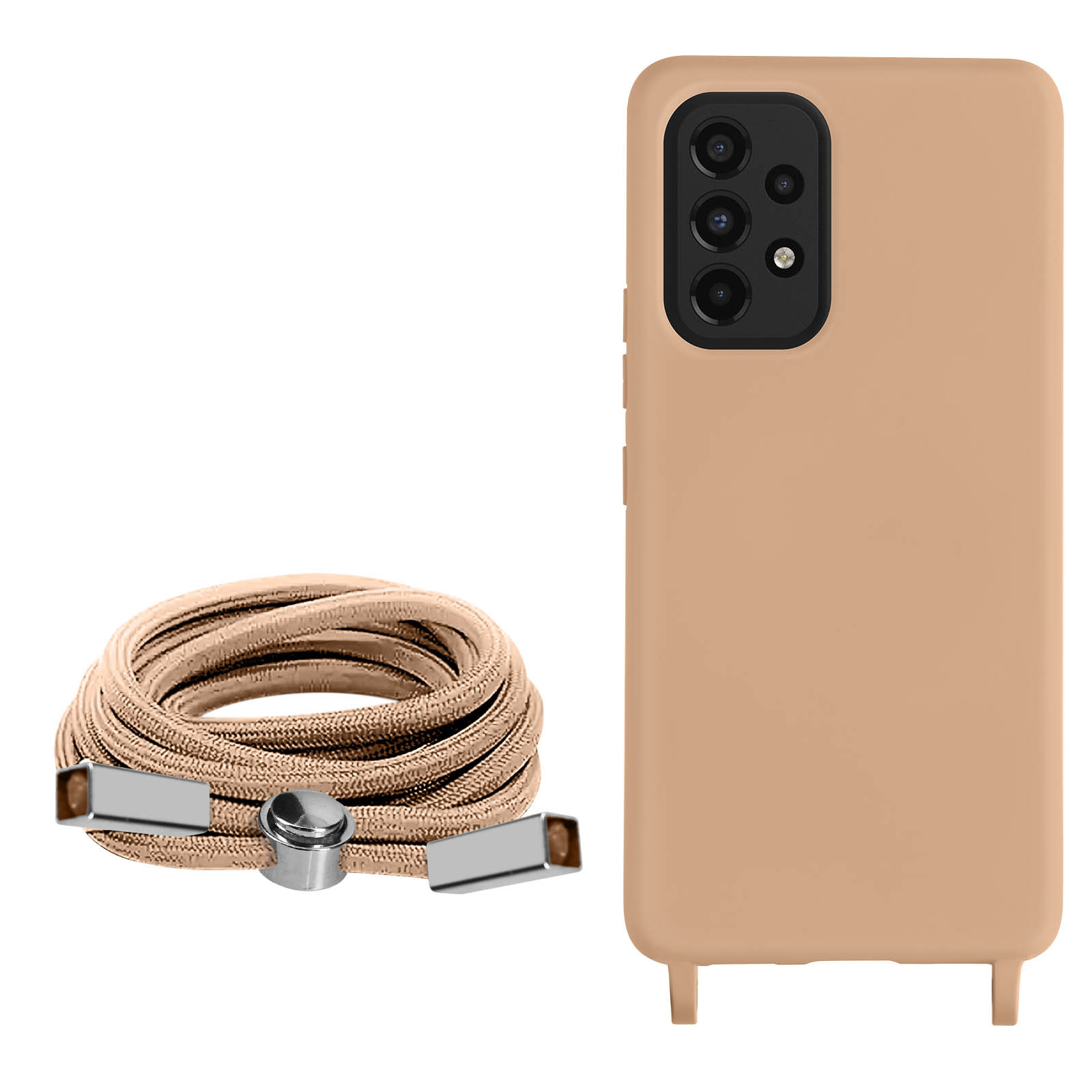 Beige telefoonhoesje met beige band. Telefoon rechts, opgerolde band links.