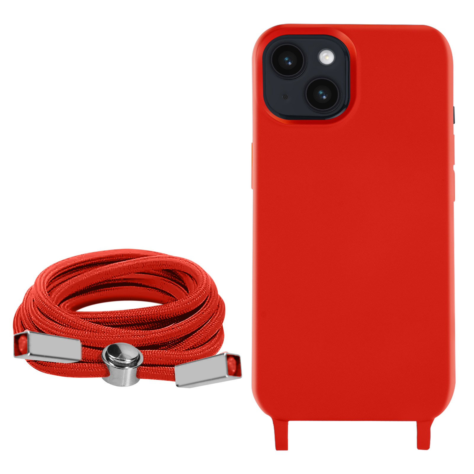 Rode telefoonhoes met een rood koord. Hoes heeft cameralenzen. Koord met metalen sluitingen.
