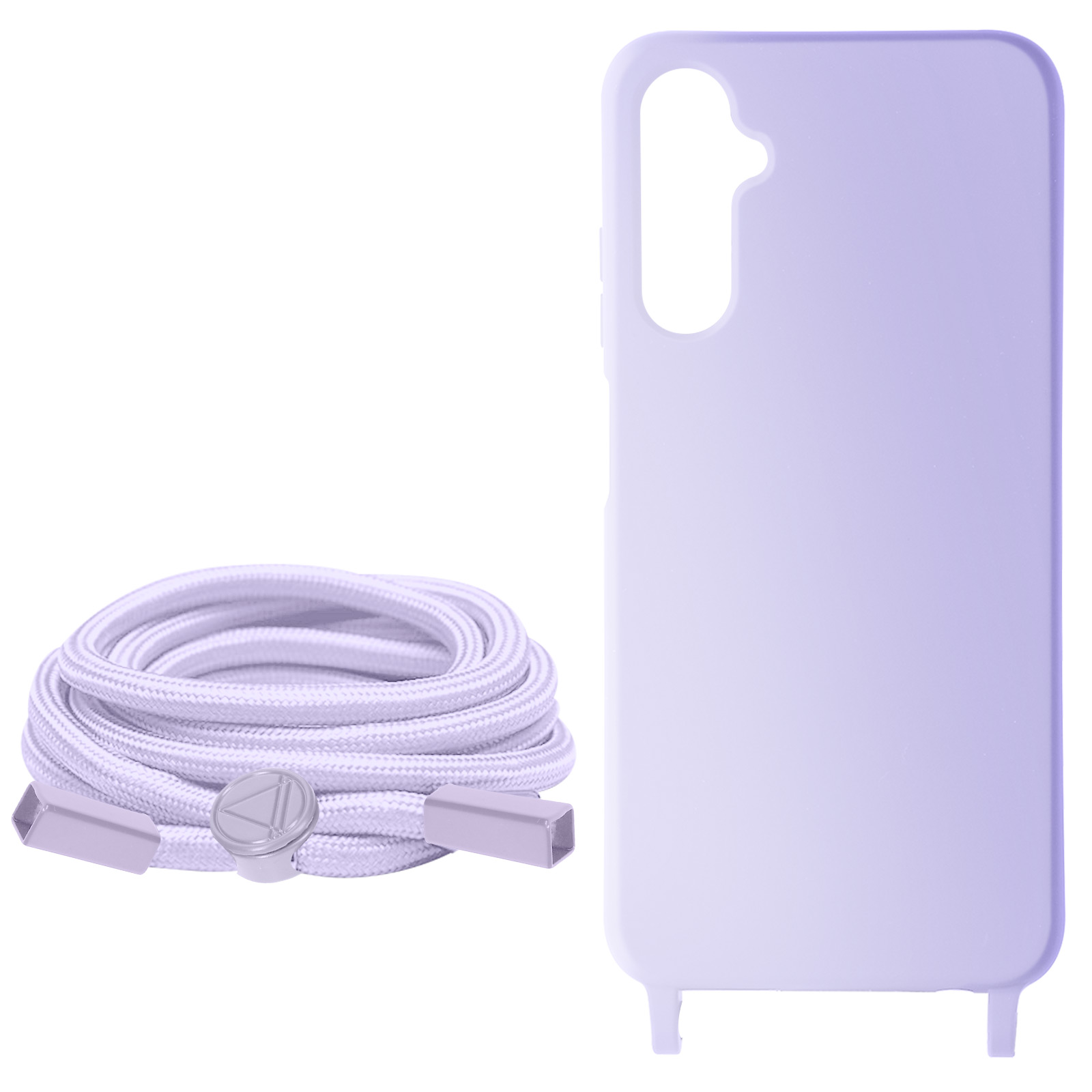 Lavendelkleurige telefoonhoes met een wit koord en een connector.
