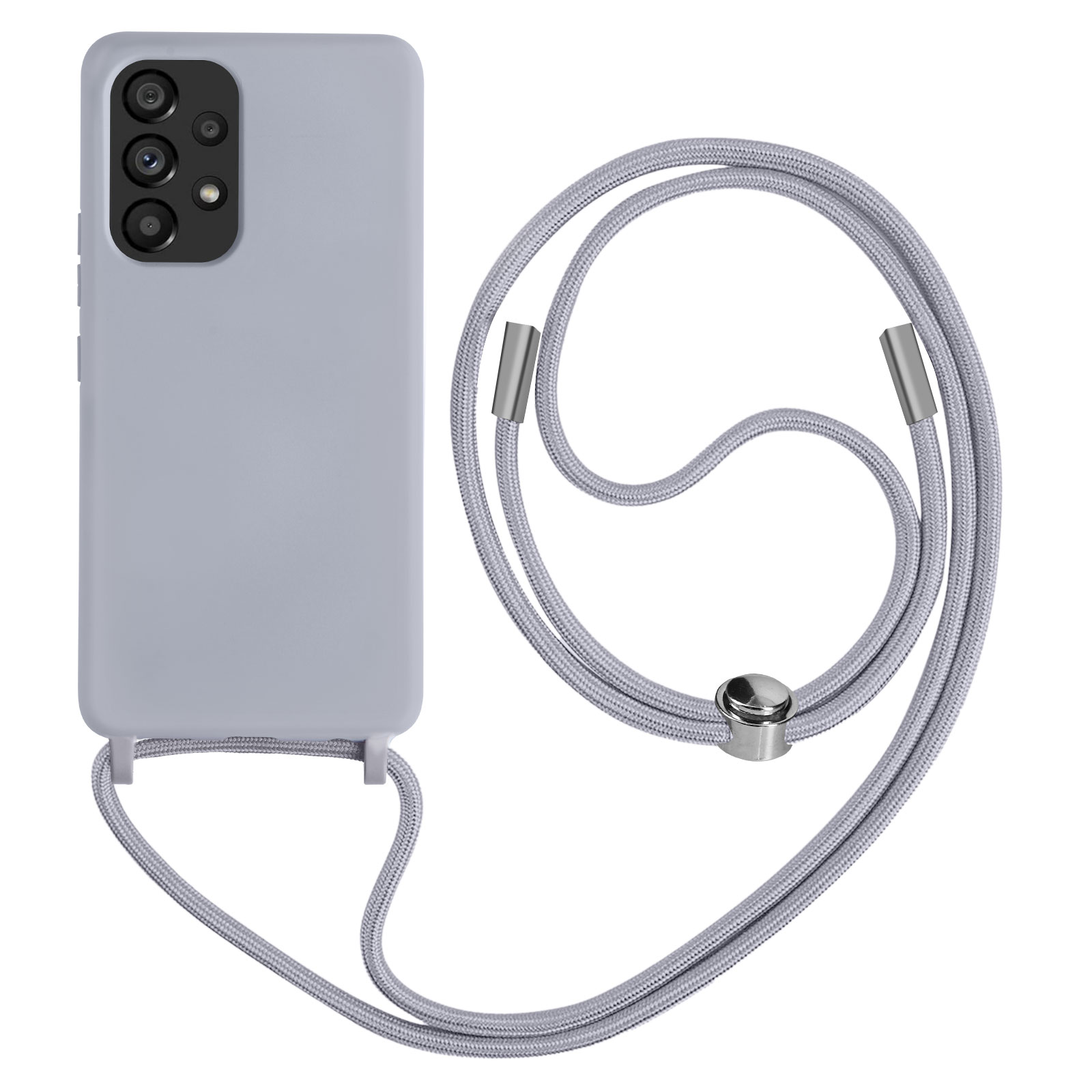 Coque de téléphone grise avec cordon, téléphone avec plusieurs caméras.