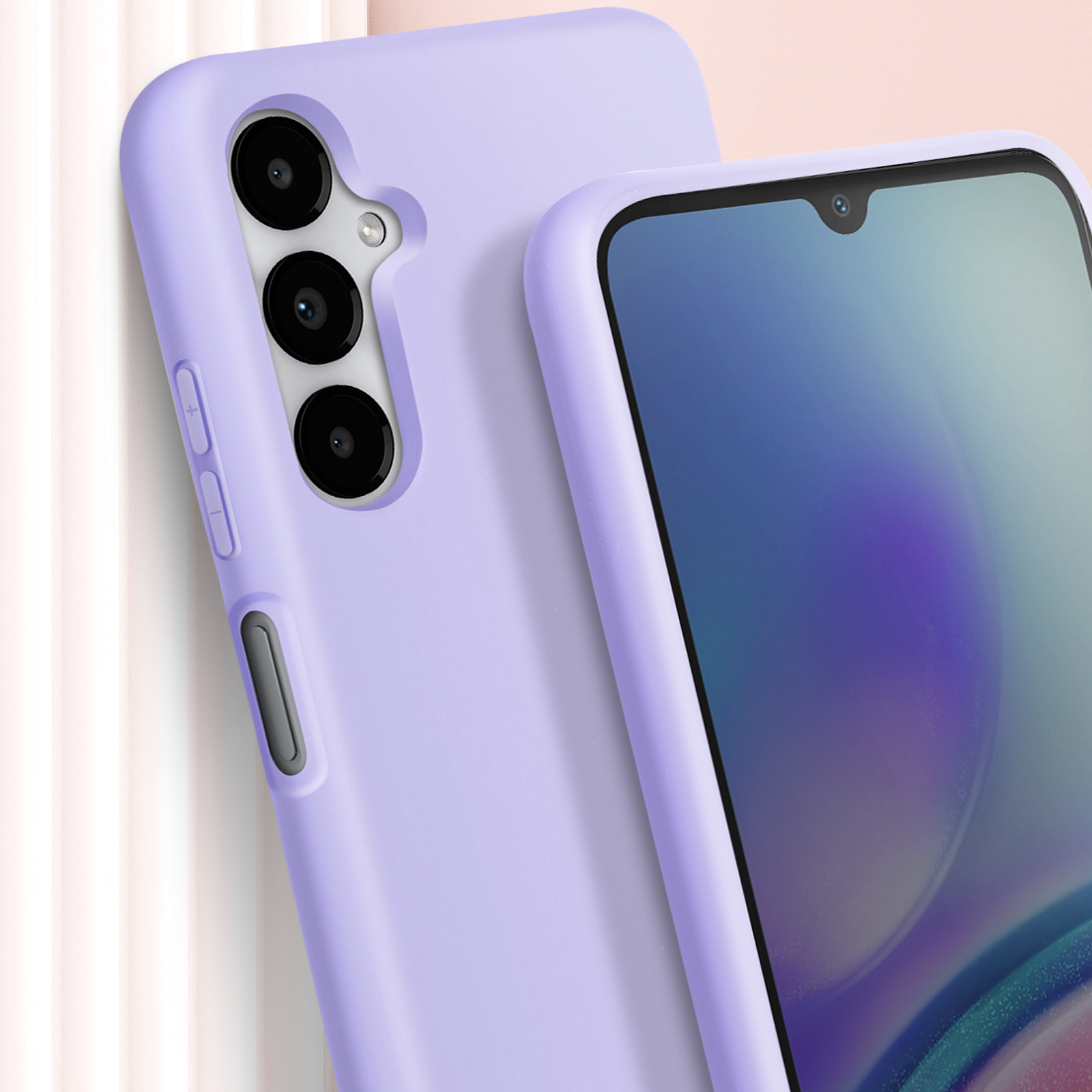 Twee lila telefoonhoesjes. Eén toont het telefoonscherm, de andere is een hoesje. Beide zijn paars.