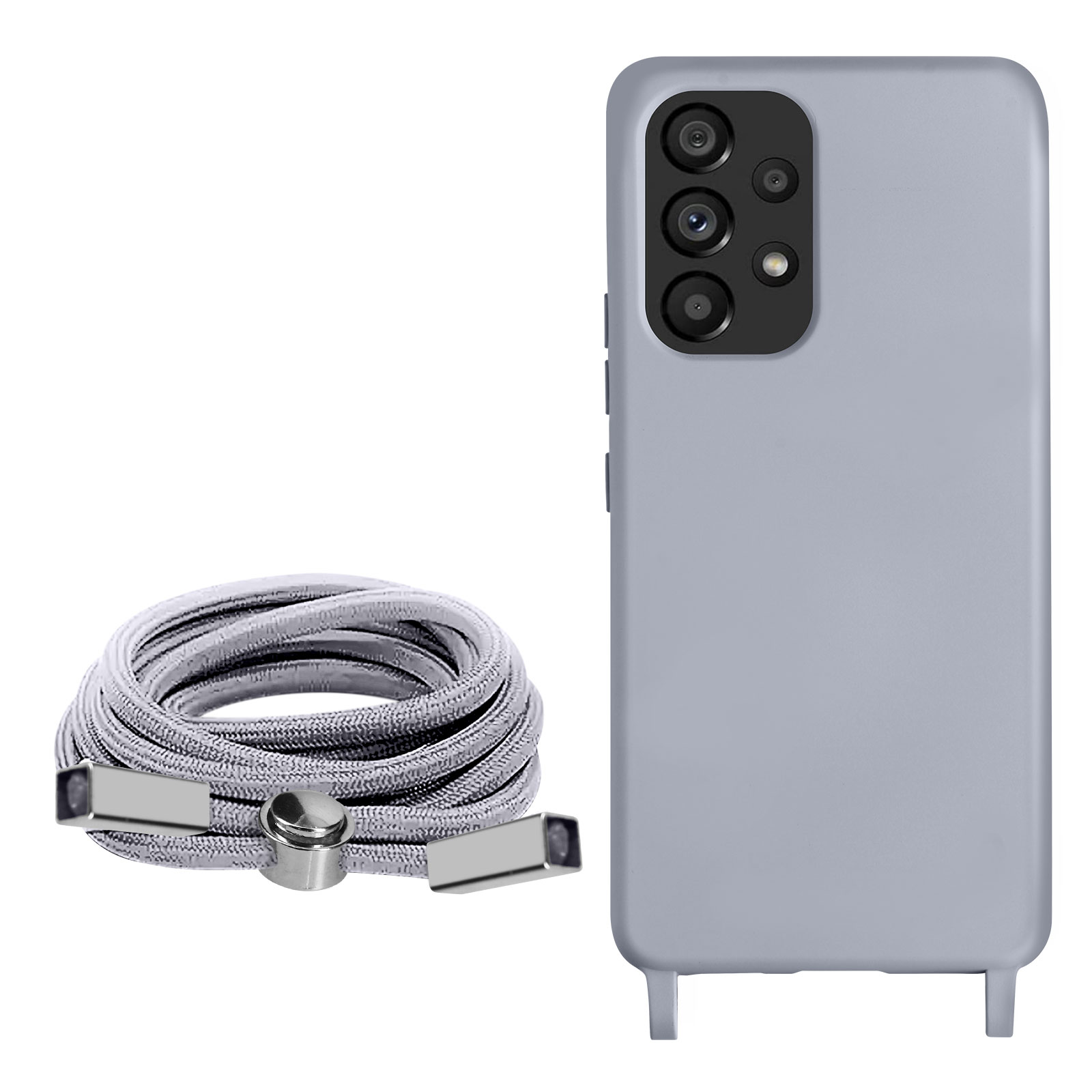 Coque grise avec cordon gris. La coque a trois objectifs.