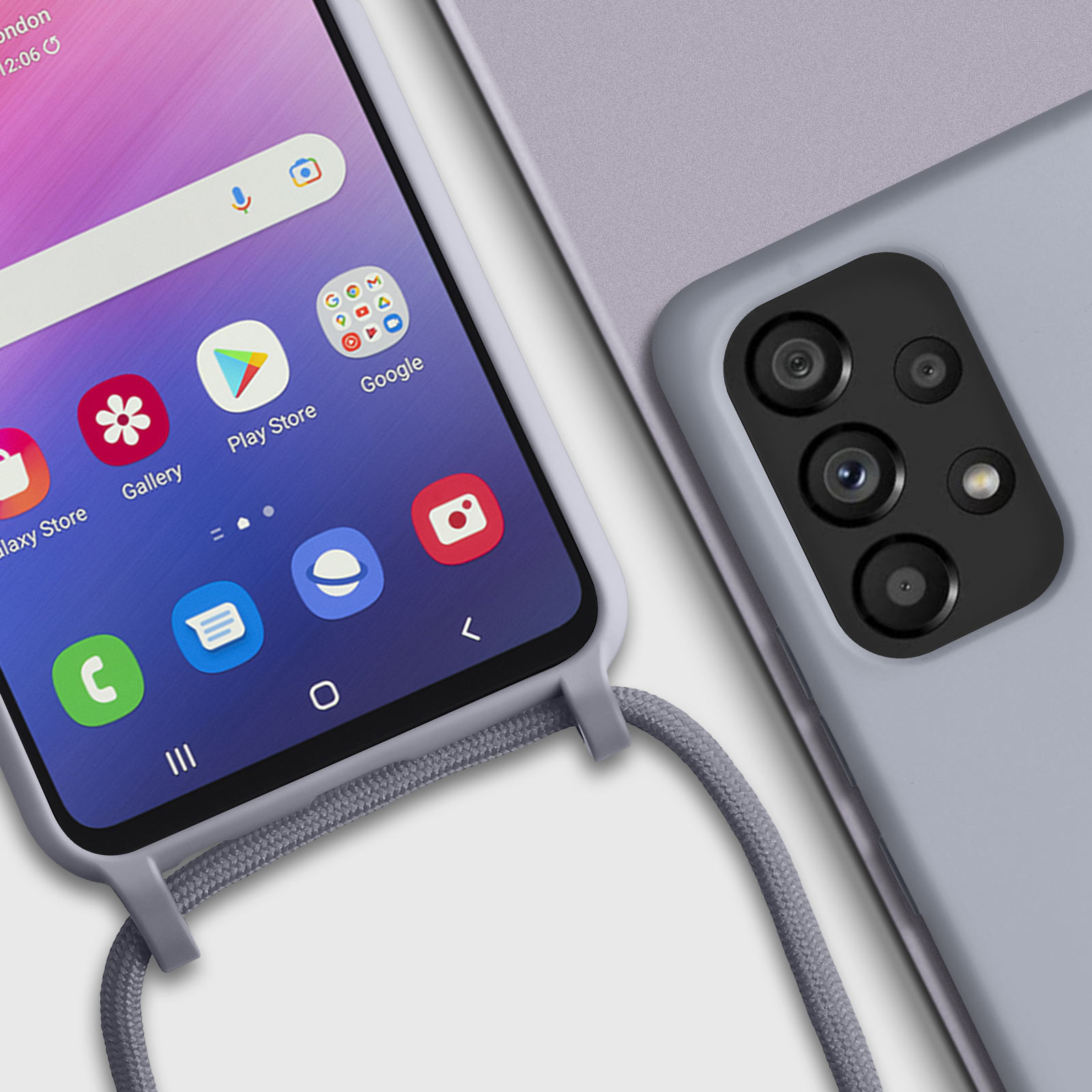 Gros plan d'un téléphone avec un étui gris et un écran affichant une interface d'application.