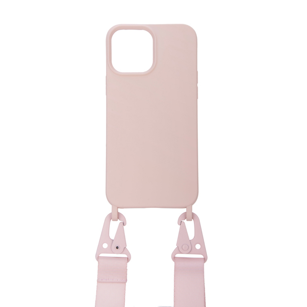 Custodia rosa con cinturino e chiusure rosa, sfondo bianco.