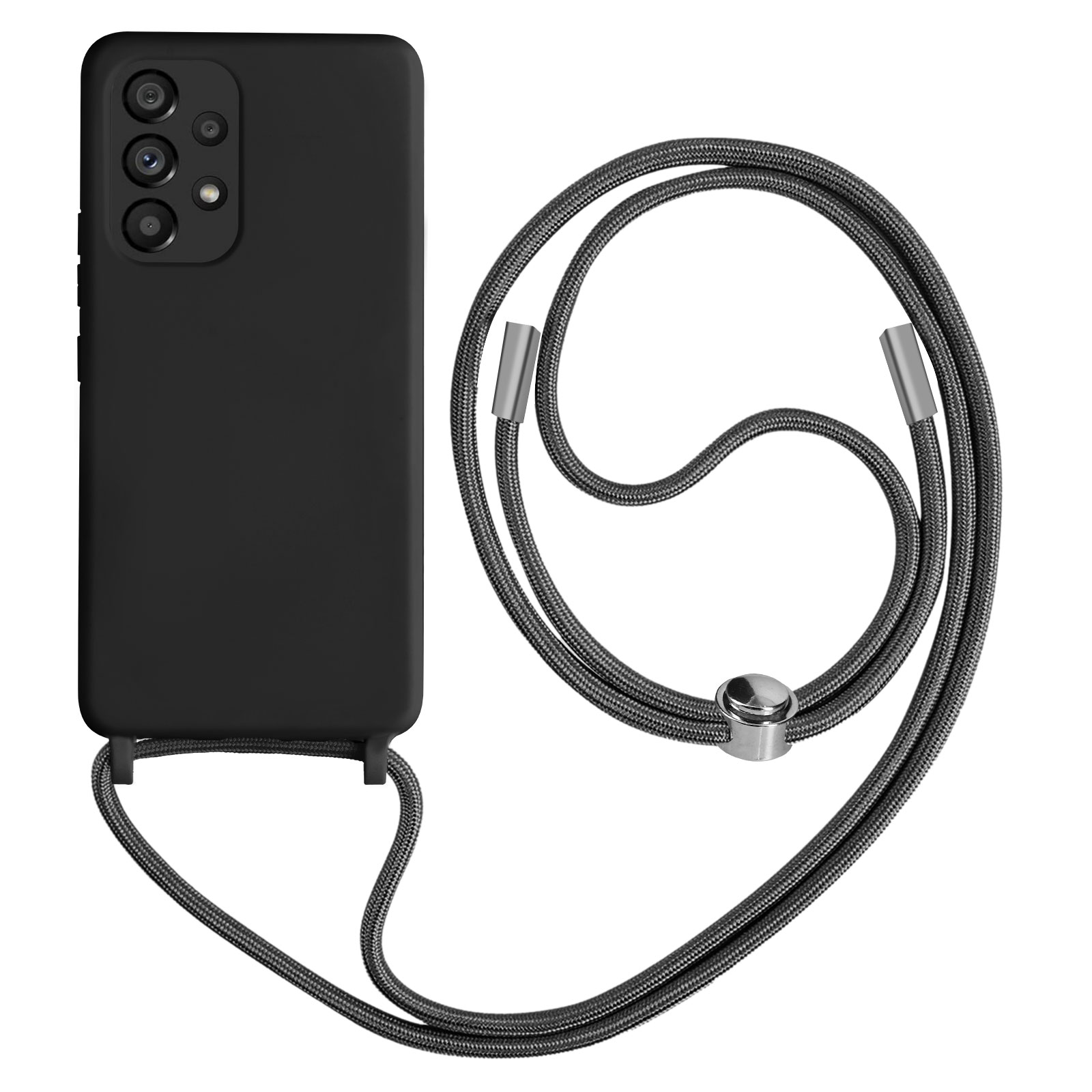 Une coque de téléphone noire avec un cordon attaché, sur un fond blanc.
