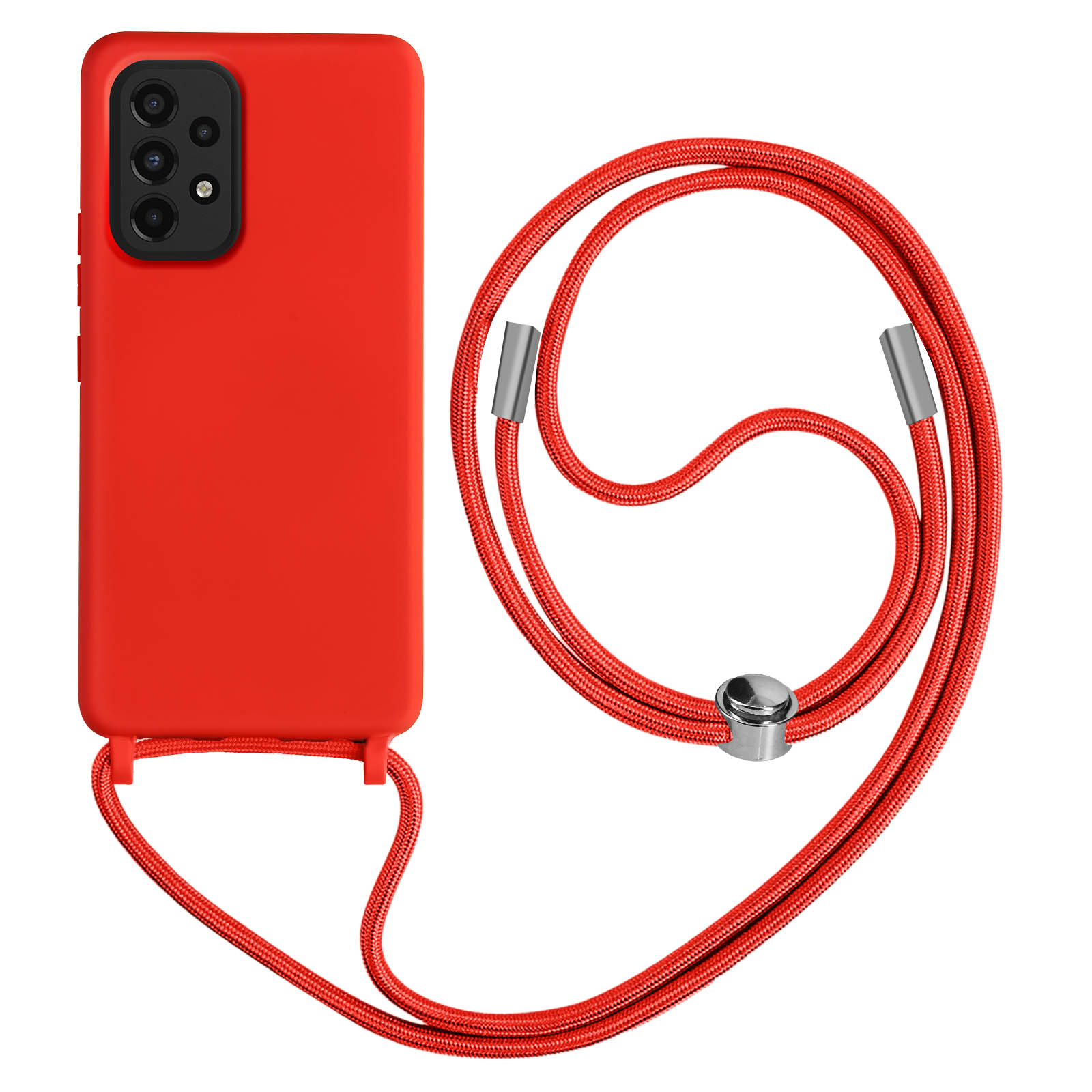Custodia per telefono rossa con cavo rosso abbinato. Il cavo ha un anello. Il telefono ha un rialzo per la fotocamera.