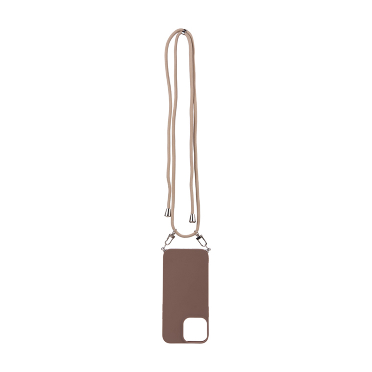 Una custodia per telefono con cinturino. La custodia è marrone e il cinturino è beige.