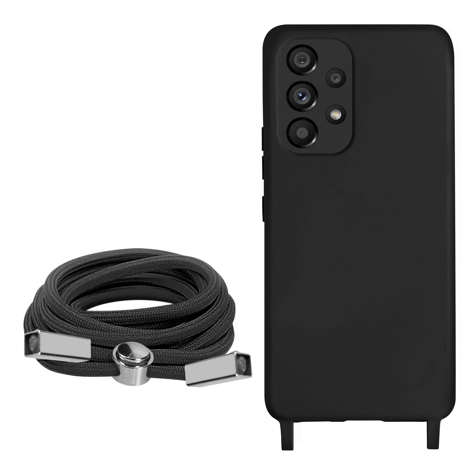 Coque et sangle de téléphone noires, couchées côte à côte. La coque a une configuration à triple caméra.