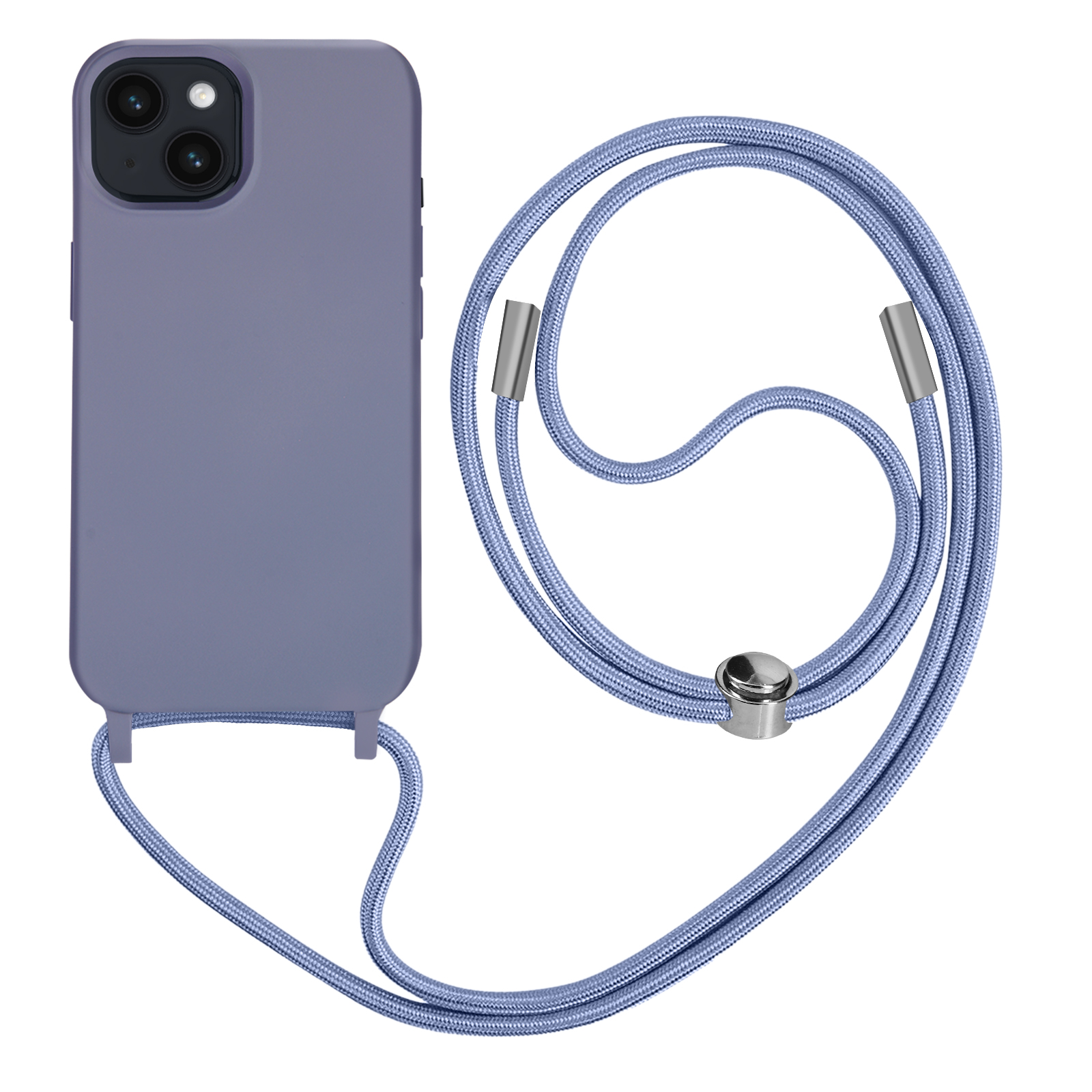 Een paarse telefoon met een blauw koord wordt getoond.