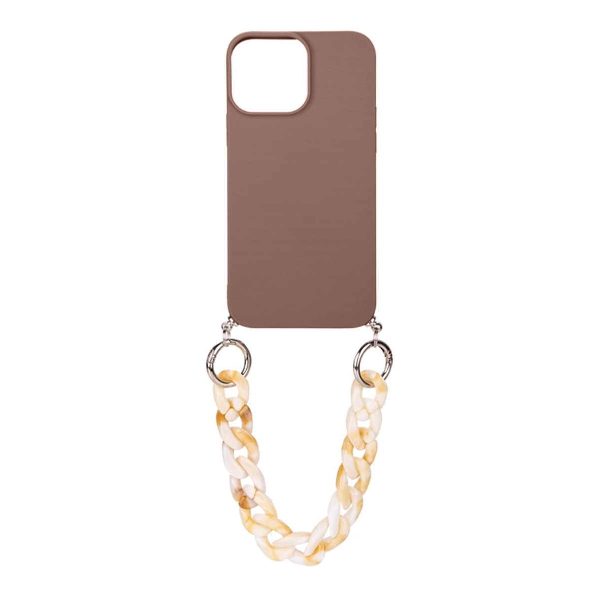 Custodia per telefono marrone con catena color crema. La custodia ha due anelli argentati per il fissaggio.