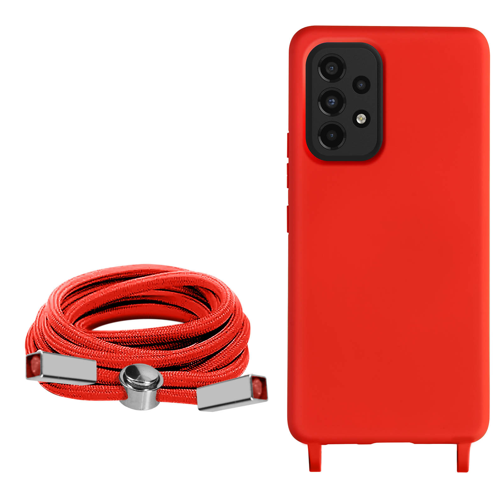 Custodia rossa per telefono e cordoncino rosso intrecciato con dettagli argentati su sfondo bianco.