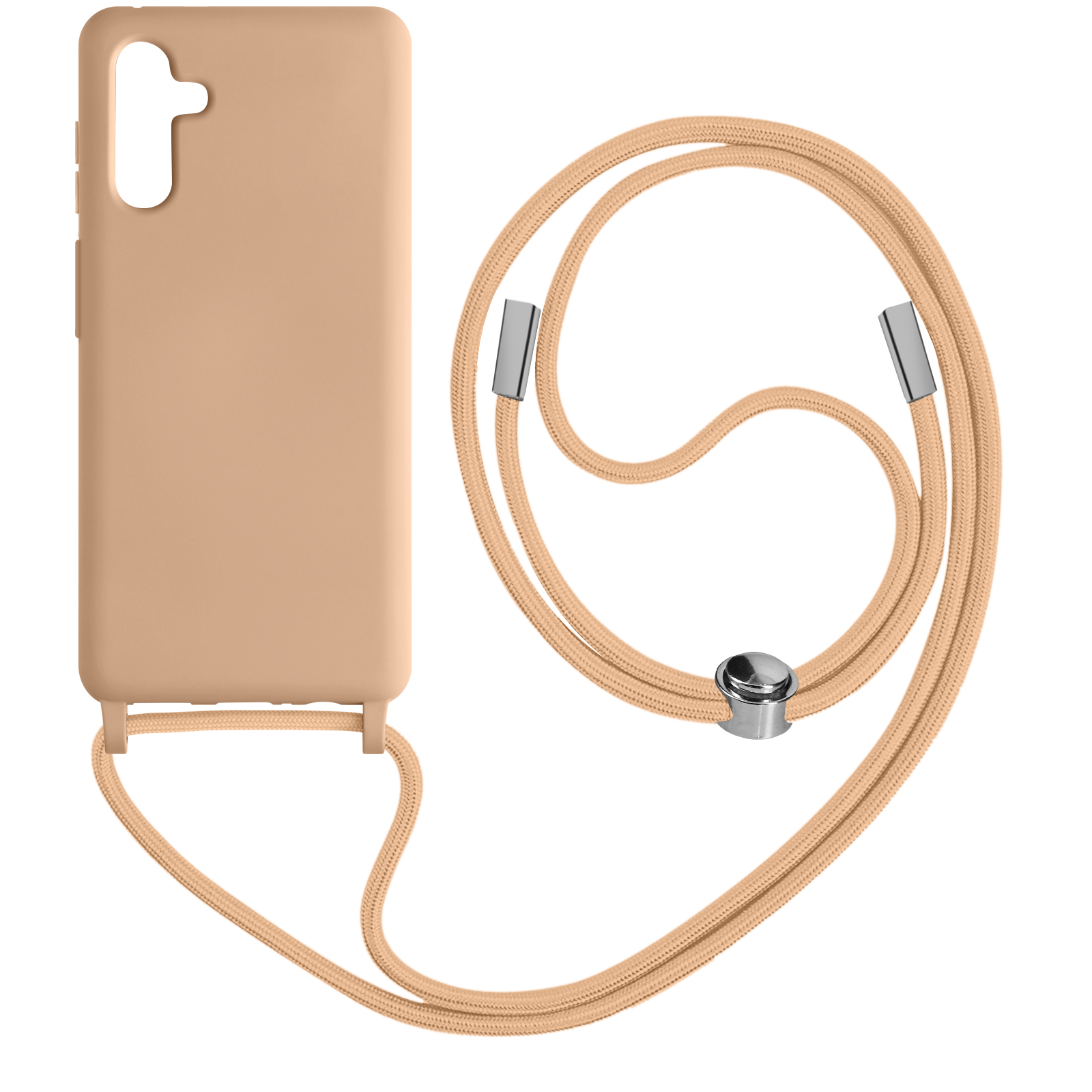 Una custodia beige per telefono con un cordino abbinato.