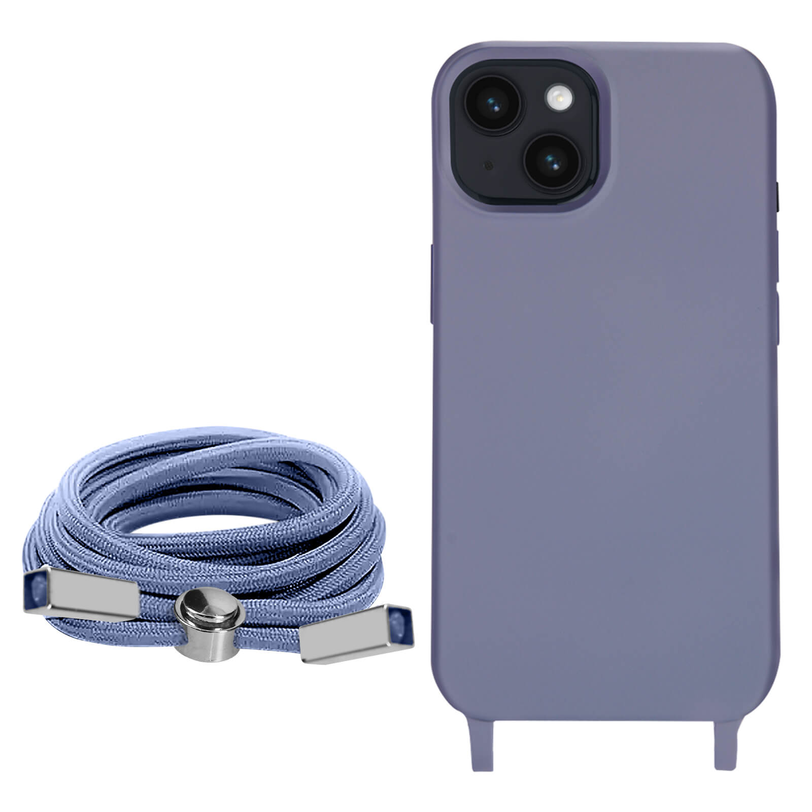 Paarse telefoonhoes en een blauwe telefoonriem met metalen sluitingen. De telefoon staat rechts.