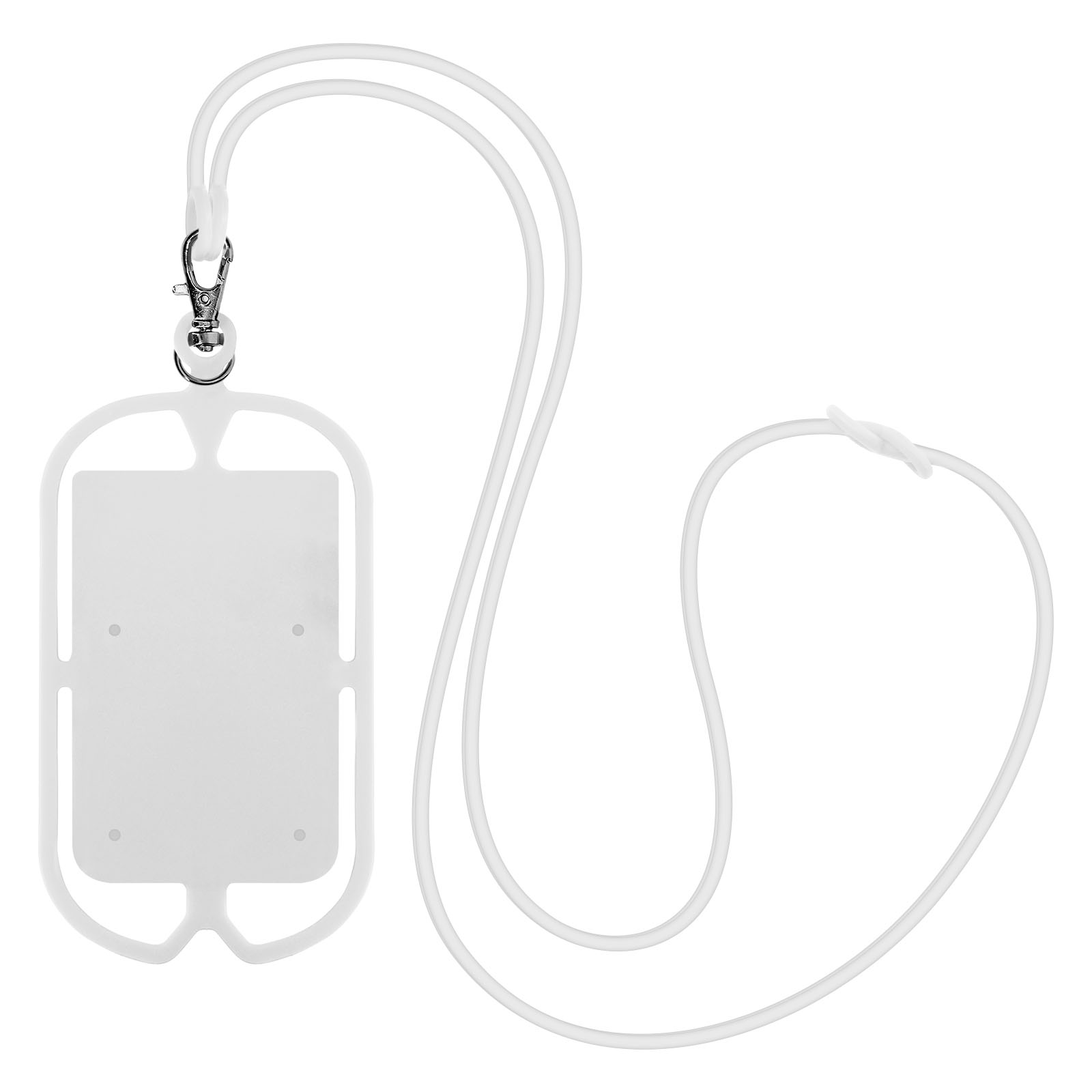 Supporto bianco per telefono con cinturino bianco. Ha un foro per la fotocamera.