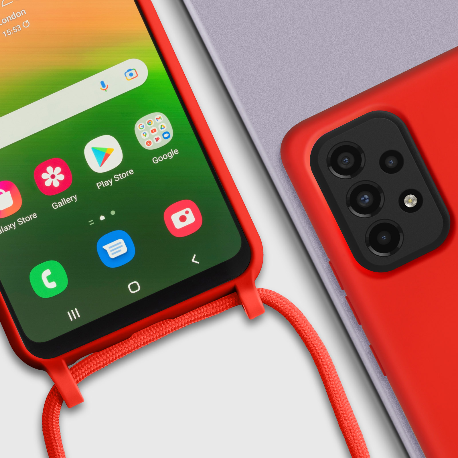Custodia rossa per telefono con cinturino rosso e icone del telefono sullo schermo. Il retro di un altro telefono è visibile.
